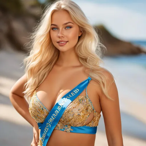 Prompt: <mymodel>Miss Sweden in a crystal-clear, high-detail image, 18-year-old curvy Swedish girl , detailed facial features, sun-kissed blonde hair, stunning blue eyes, beach setting with golden sand, vibrant colors, realistic , detailed curves, professional, high-res, photo-realistic, beauty pageant, sunny, beachy, detailed facial features, vibrant colors, 