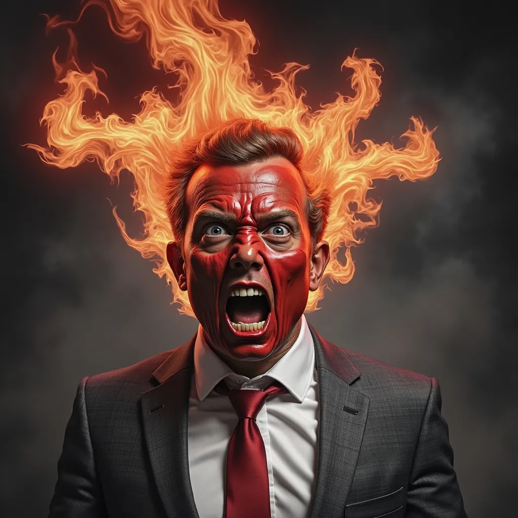 Prompt: a man with a red tie and a red fire painted on his face and face is shown in the background, Bastien L. Deharme, shock art, highly detailed digital painting, a photorealistic painting