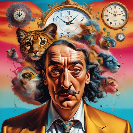 Prompt: Surrealistic 8K illustration of an overdetailed, photorealistic illusion with intense and piercing gaze, vibrant and intense colors, Salvador Dali-inspired style, intricate fur patterns, melting clock elements, dreamlike, vibrant color palette, highres, ultra-detailed, photorealistic, surreal, Salvador Dali-inspired, intense gaze, intricate patterns, dreamlike, vibrant colors