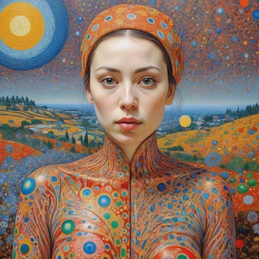 Prompt: Overdetailed , Most beautiful woman in the world , The most beautiful painting highly detailed extremely detailed oil on canvas crisp quality colourful Picasso Van Gogh no text klimt Alex Grey Bridget Riley Yayoi Kusama Figurative Art murakami  extremely detailed background