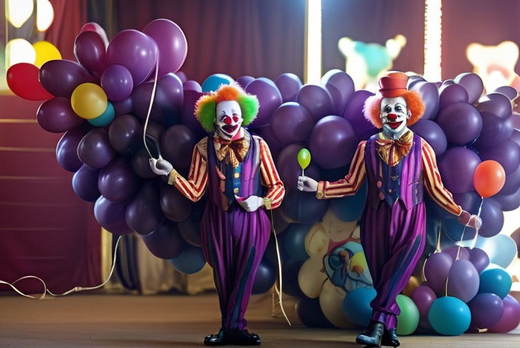 Prompt: 2 clowns in vibrant circus makeup, holding colorful balloon animals, whimsical and playful, high quality, clown makeup, colorful balloons, playful, vibrant, circus theme, fun, detailed, whimsical lighting