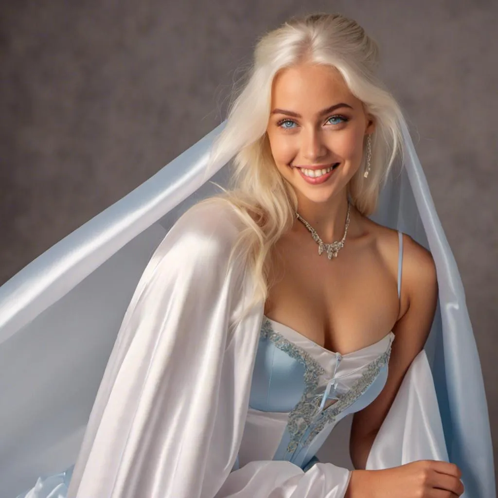 Prompt: <mymodel>(eaw photo) , Blue-eyed girl in her 20s smiling with long white hairin ponytail , long voluminous silver satin cape tied at the neck with a ribbon , leotard , full body, slight skin blemishes, sly smile, high-quality ultra realistic style, warm tones, soft lighting, detailed eyes, subtle freckles, professional, expressive