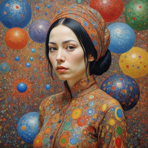 Prompt: Overdetailed , Most beautiful woman in the world , The most beautiful painting highly detailed extremely detailed oil on canvas crisp quality colourful Picasso Van Gogh no text klimt Alex Grey Bridget Riley Yayoi Kusama Figurative Art murakami  extremely detailed background