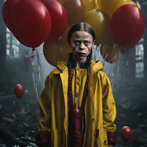 Prompt: Horror photo intricate details, Greta Thunberg in iconic yellow raincoat, Bill Skarsgård as It The Clown, red balloons, realistic portrait, horror, intense gaze, detailed facial expressions, high quality, atmospheric lighting, dark theme, theatrical, vibrant colors, cinematic