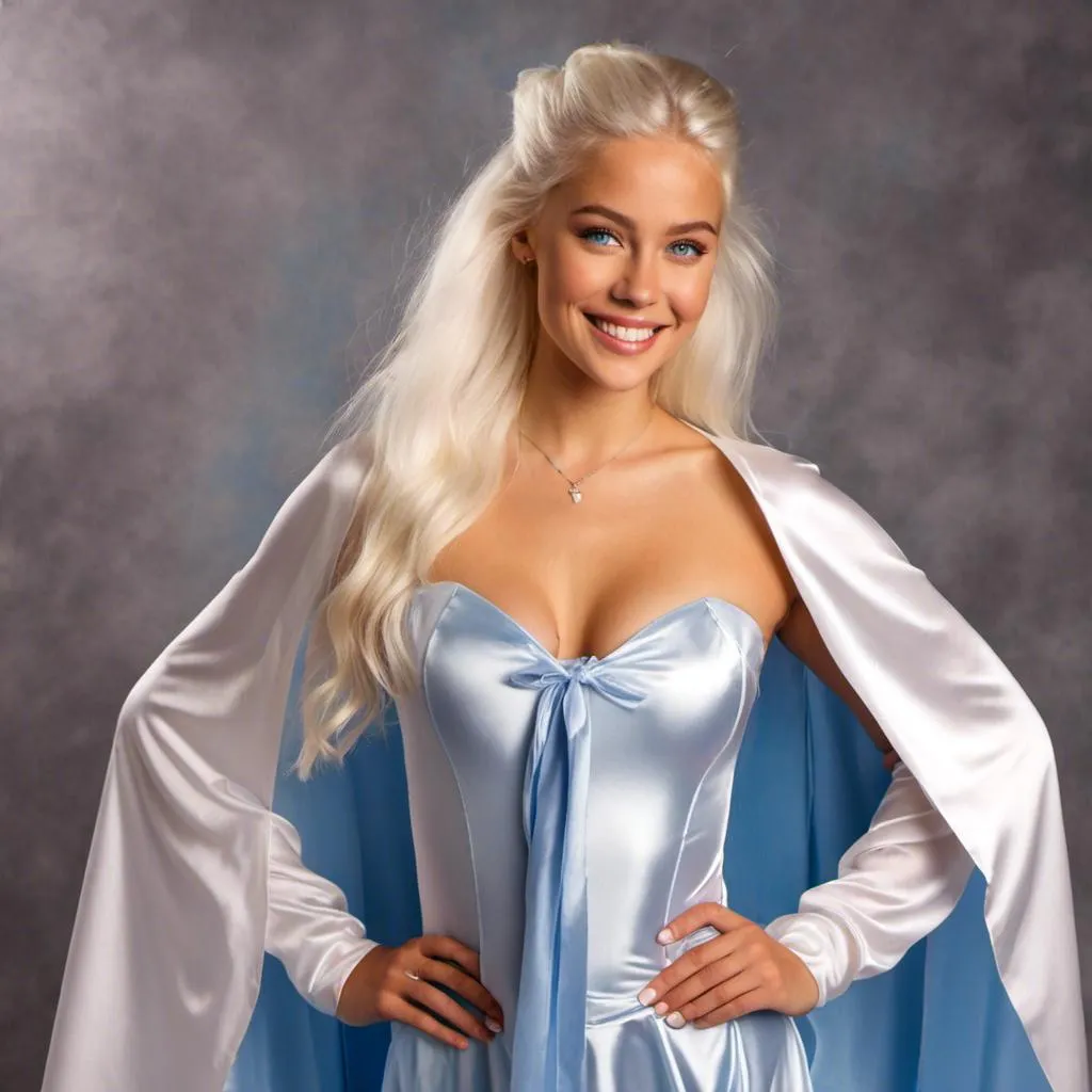 Prompt: <mymodel>(eaw photo) , Blue-eyed girl in her 20s smiling with long white hairin ponytail , long voluminous silver satin cape tied at the neck with a ribbon , leotard , full body, slight skin blemishes, sly smile, high-quality ultra realistic style, warm tones, soft lighting, detailed eyes, subtle freckles, professional, expressive