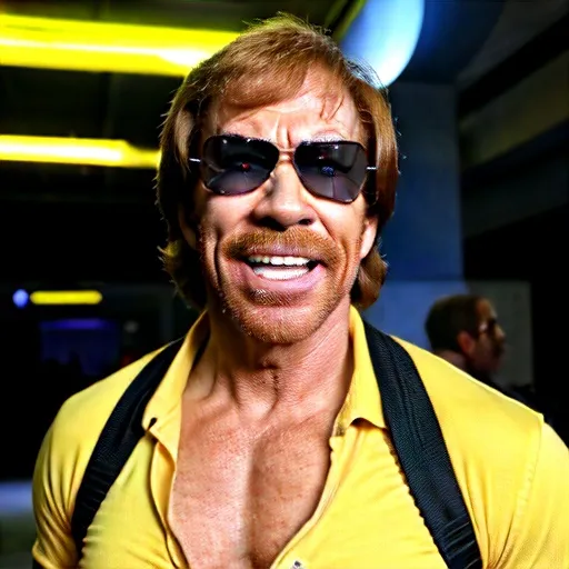 Prompt: Chuck Norris imitator, low-budget cosplay, humorous caricature, funny expression, meme-worthy, digital illustration, high quality, cartoonish, vibrant colors, comedic lighting