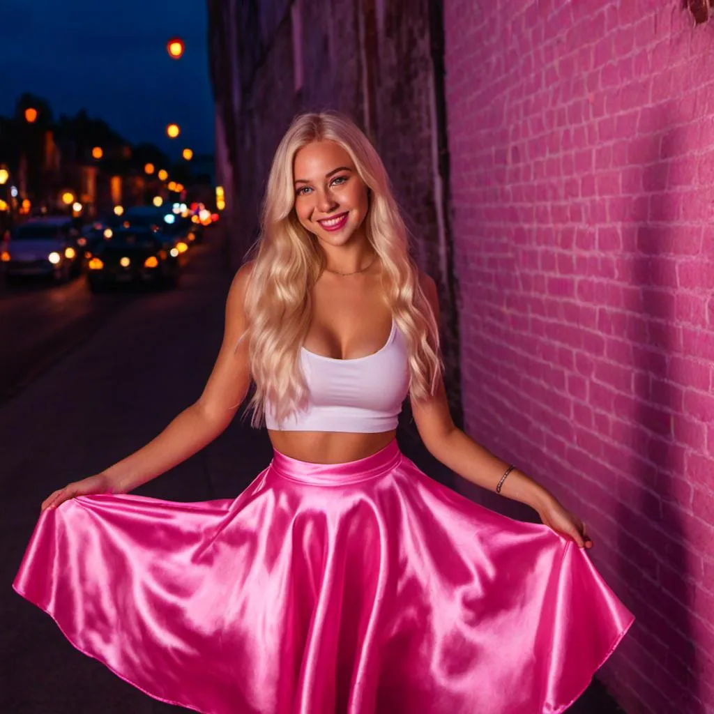 Prompt: <mymodel>Beautiful smiling girl, long blonde hair, glossy pink skater skirt, ultra-realistic, full color, 8k, night, HDR, RAW photo, extreme realism, fine texture, film grain, full-length, photographic, breathtaking, delicate beauty, undefined, best quality