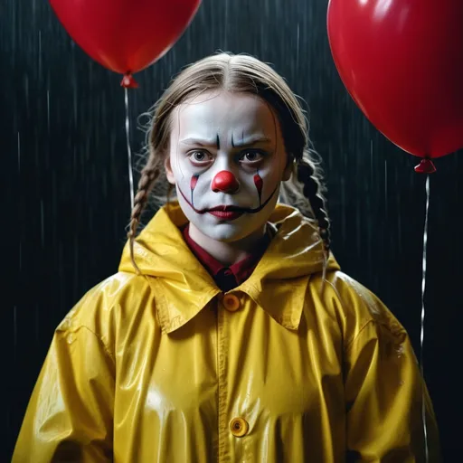 Prompt: Greta Thunberg in iconic yellow raincoat, Bill Skarsgård as It The Clown, red balloons, realistic portrait, horror, intense gaze, detailed facial expressions, high quality, atmospheric lighting, dark theme, theatrical, vibrant colors, cinematic