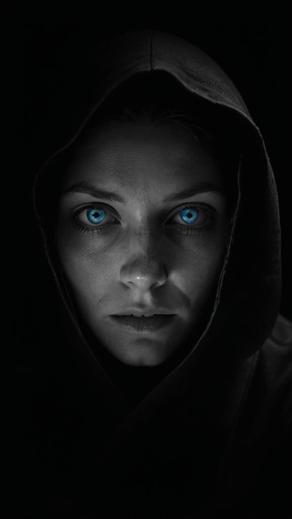 Prompt: Black and white photo taken in darkness only eyes and Contours of face is visible, a creepy woman with blue eyes and a hood on her head in the dark with a creepy expression on her face, Clarice Beckett, sots art, hyper realistic face, an album cover