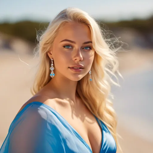 Prompt: <mymodel>Miss Sweden in a crystal-clear, high-detail image, 18-year-old curvy Swedish girl , detailed facial features, sun-kissed blonde hair, stunning blue eyes, beach setting with golden sand, vibrant colors, realistic , detailed curves, professional, high-res, photo-realistic, beauty pageant, sunny, beachy, detailed facial features, vibrant colors, 