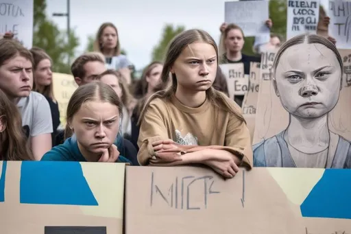 Prompt: Greta Thunberg sitting angrily with a protest sign, oil painting, intense expression, environmental activism, high quality, realistic, dramatic lighting, earthy tones, detailed wrinkles, powerful message