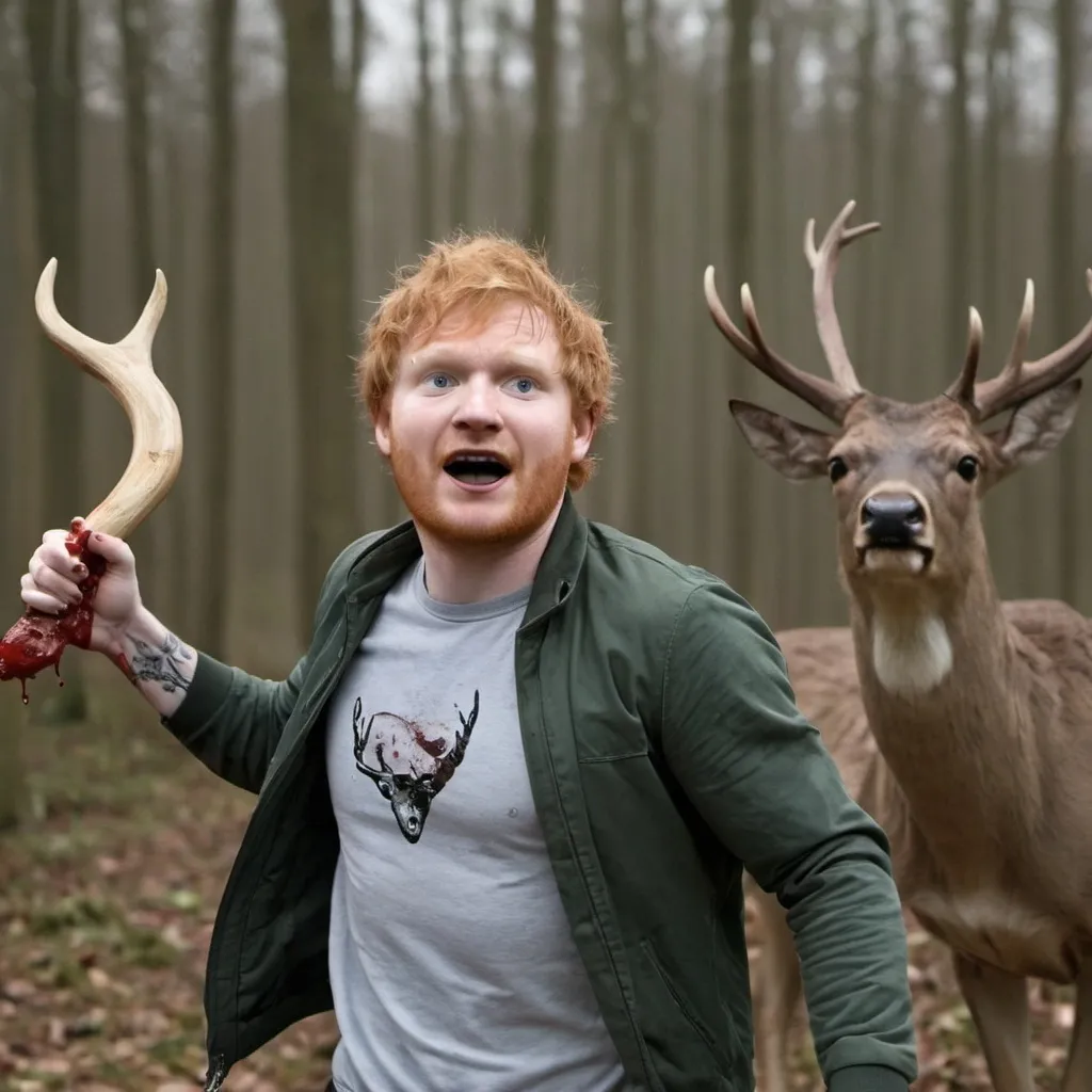 Prompt: ed sheeran running i panic with deer head punching deer horns off bloody , from deer charging , ed fighting a deer, ed sheeran holding horn from deer, Deer with bloody horns