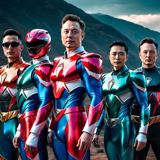 Prompt: Power Rangers with Elon Musk faces, Tesla logos on chests, Cybertruck Tesla, high-tech suits, detailed facial features, futuristic city skyline, intense and focused gazes, sleek and professional design, cyberpunk, highres, ultra-detailed, sci-fi, cool tones, atmospheric lighting