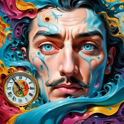 Prompt: Surrealistic 8K illustration of an overdetailed, photorealistic illusion with intense and piercing gaze, vibrant and intense colors, Salvador Dali-inspired style, intricate fur patterns, melting clock elements, dreamlike, vibrant color palette, highres, ultra-detailed, photorealistic, surreal, Salvador Dali-inspired, intense gaze, intricate patterns, dreamlike, vibrant colors