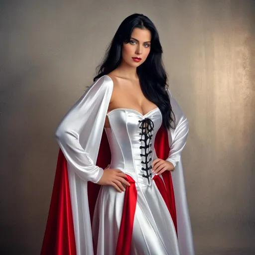 Prompt: <mymodel>((long high collar shiny silver and red lined cloak tied at the neck)), delicate and beautiful , demure girl , long black hair , shyly smiling  , silver corset and short skirt , right arm sweeping cape to the left,  RAW Photo , full colour , best quality , HDR , photographic , realism pushed to extreme , fine texture , ultrarealistic, film grain , full length , 8K , vogue,