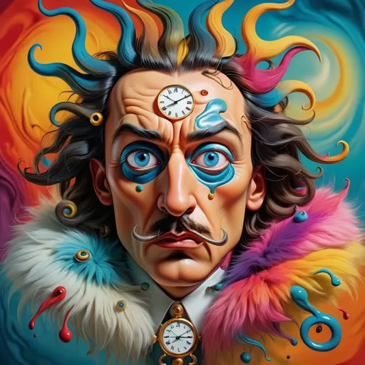 Prompt: Surrealistic 8K illustration of an overdetailed, photorealistic illusion with intense and piercing gaze, vibrant and intense colors, Salvador Dali-inspired style, intricate fur patterns, melting clock elements, dreamlike, vibrant color palette, highres, ultra-detailed, photorealistic, surreal, Salvador Dali-inspired, intense gaze, intricate patterns, dreamlike, vibrant colors