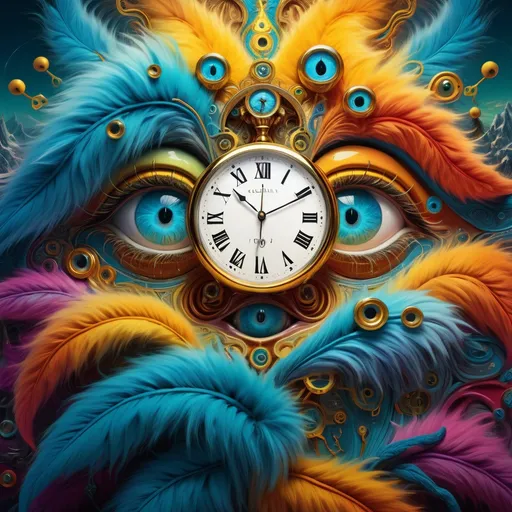 Prompt: intricate details , Surrealistic 8K illustration,vibrant colors, intense colors, melting clock elements, surreal Salvador Dali-inspired style, intricate fur patterns, intense and piercing gaze, dreamlike atmosphere, high quality, ultra-detailed, surrealism,detailed fur, surreal atmosphere, intense eyes, dreamlike lighting