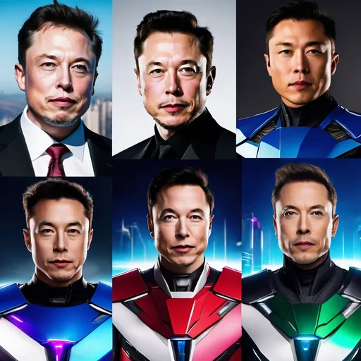 Prompt: Elon Musk-faced Power Rangers, cybertruck tesla, tesla logo on chest, futuristic power suits, high-tech armor, intense and focused gaze, urban cyberpunk setting, sleek design, cool tones, detailed suits, highres, ultra-detailed, cyberpunk, futuristic, high-tech, professional, atmospheric lighting