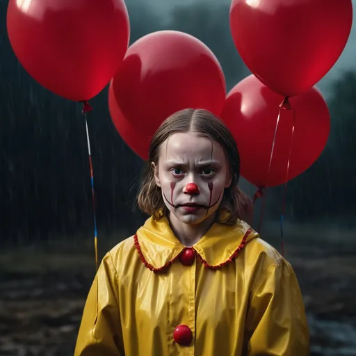 Prompt: Greta Thunberg in iconic yellow raincoat, Bill Skarsgård as It The Clown, red balloons, realistic portrait, horror, intense gaze, detailed facial expressions, high quality, atmospheric lighting, dark theme, theatrical, vibrant colors, cinematic