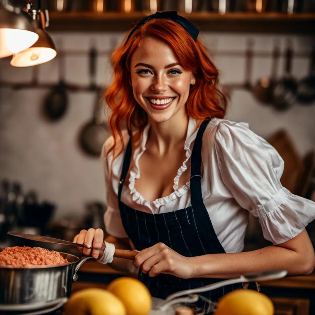 Prompt: <mymodel>HDR, 8K resolution, intricate detail, sophisticated detail, photorealistic, portrait, laughing, redhead, maid, freckles, apron, amazing body, pronounced feminine feature, legwear suspenders, kitchen background, close up, sharp focus, portrait of 1 girl, depth of field, photorealistic, HDR, 8K resolution, sophisticated detail, amazing body, pronounced feminine feature, maid, redhead, laughing, freckles, apron, legwear suspenders, kitchen background, close up