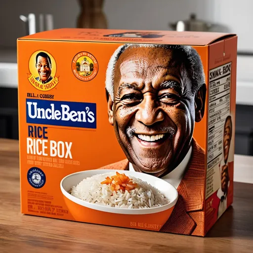 Prompt: Close-up of an iconic Uncle Ben's rice box, Bill Cosby's iconic smiling face instead of uncle ben, official product photo, high resolution, realistic, detailed logo, orange color theme, iconic mascot, vintage advertising, classic representation, intense and focused gaze, professional lighting