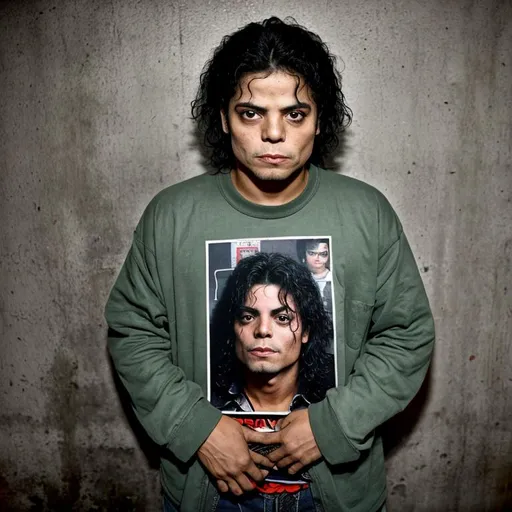 Prompt: Mexican Micheal Jackson, Stock photo portrait of scary most ugliest person in the universe  with photo studio background of Michael Jackson worst imitator most ugly and creepy workers with junkies and crackhead appearances, disheveled attire, dilated pupils, grimy and unkempt surroundings, low-quality, gritty realism, documentary style, desaturated colors, harsh lighting, intense expressions, drug-induced demeanor, raw and unfiltered, unprofessional, rough and rugged