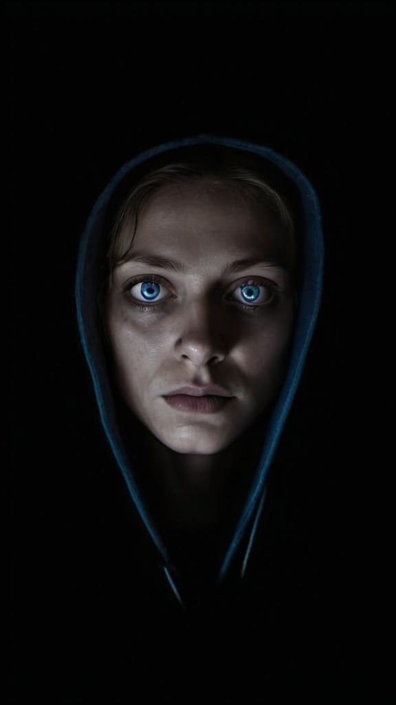 Prompt: Black and white photo taken in darkness only eyes and Contours of face is visible, a creepy woman with blue eyes and a hood on her head in the dark with a creepy expression on her face, Clarice Beckett, sots art, hyper realistic face, an album cover