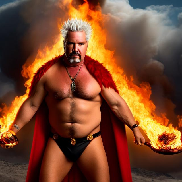 Prompt: guy fieri, sisyphus, hair made of flames, fire superhero guy fieri, wearing red speedos ,
hell, 4k, hd, 1080p