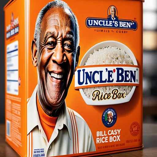 Prompt: Close-up of an iconic Uncle Ben's rice box, Bill Cosby's iconic smiling face instead of uncle ben, official product photo, high resolution, realistic, detailed logo, orange color theme, iconic mascot, vintage advertising, classic representation, intense and focused gaze, professional lighting