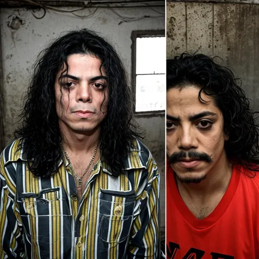 Prompt: Mexican Micheal Jackson, Stock photo portrait of scary most ugliest person in the universe  with photo studio background of Michael Jackson worst imitator most ugly and creepy workers with junkies and crackhead appearances, disheveled attire, dilated pupils, grimy and unkempt surroundings, low-quality, gritty realism, documentary style, desaturated colors, harsh lighting, intense expressions, drug-induced demeanor, raw and unfiltered, unprofessional, rough and rugged