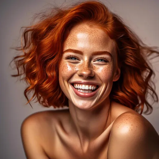 Prompt: High Dynamic Range (HDR) capture at 8K resolution, intricately detailed portrait of a laughing, redheaded model with freckles and pronounced feminine features. The photorealistic image showcases the model's amazing physique, set against a sophisticated photo studio background in sharp focus with a shallow depth of field.<mymodel>