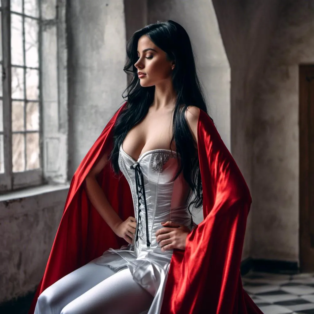 Prompt: <mymodel>((long high collar shiny silver and red lined cloak tied at the neck)), delicate and beautiful , demure girl , long black hair , shyly smiling  , silver corset and short skirt , right arm sweeping cape to the left,  RAW Photo , full colour , best quality , HDR , photographic , realism pushed to extreme , fine texture , ultrarealistic, film grain , full length , 8K , vogue,