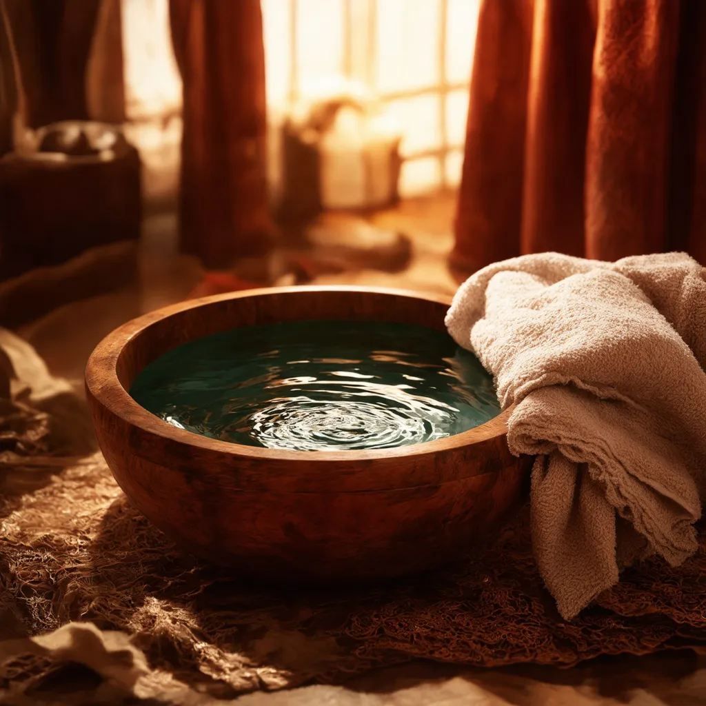 Prompt: best quality,  masterpiece, CG, official art, extremely detailed,  (very absurdres, best quality, 8K, masterpiece, ultra detailed:1.2), ((( a wood water bowl, a towel is placed on the side of the water bowl, open water bowl, water in water bowl))), medieval style, Middle Eastern style