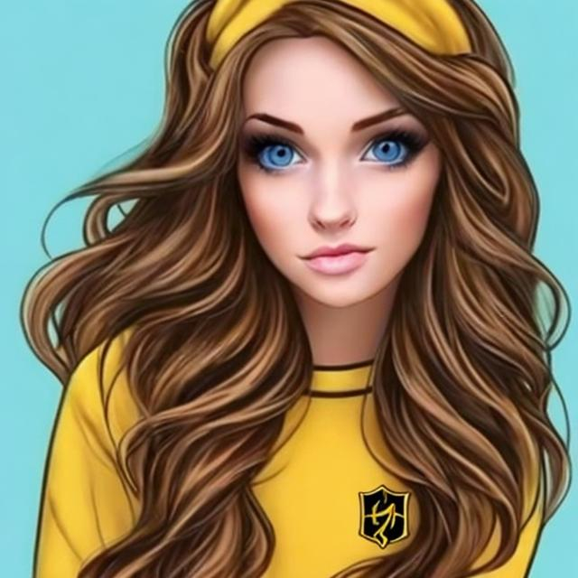Prompt: hufflepuff girl with brown hair blue eyes beautiful realistic