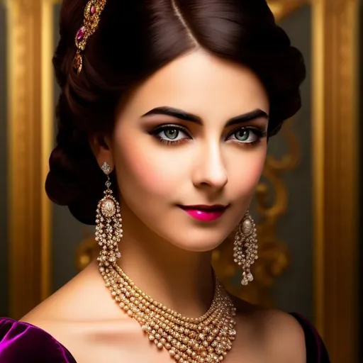 Prompt: Wealthy, stylish young lady of the Victorian era, facial closeup, jewelry
