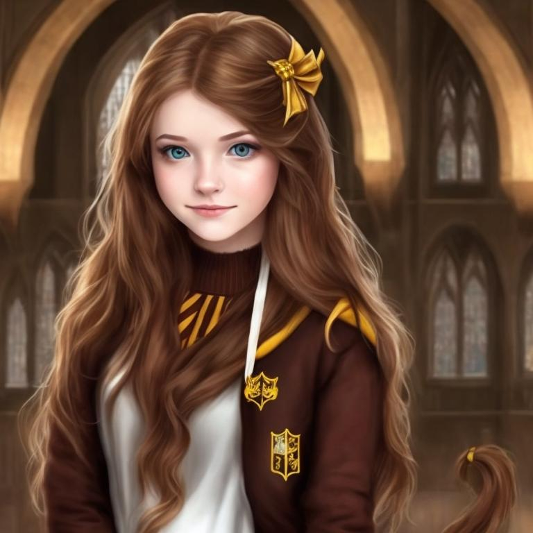 Prompt: Brown haired girl as Hufflepuff Hogwarts Student in Hogwarts with blue eyes