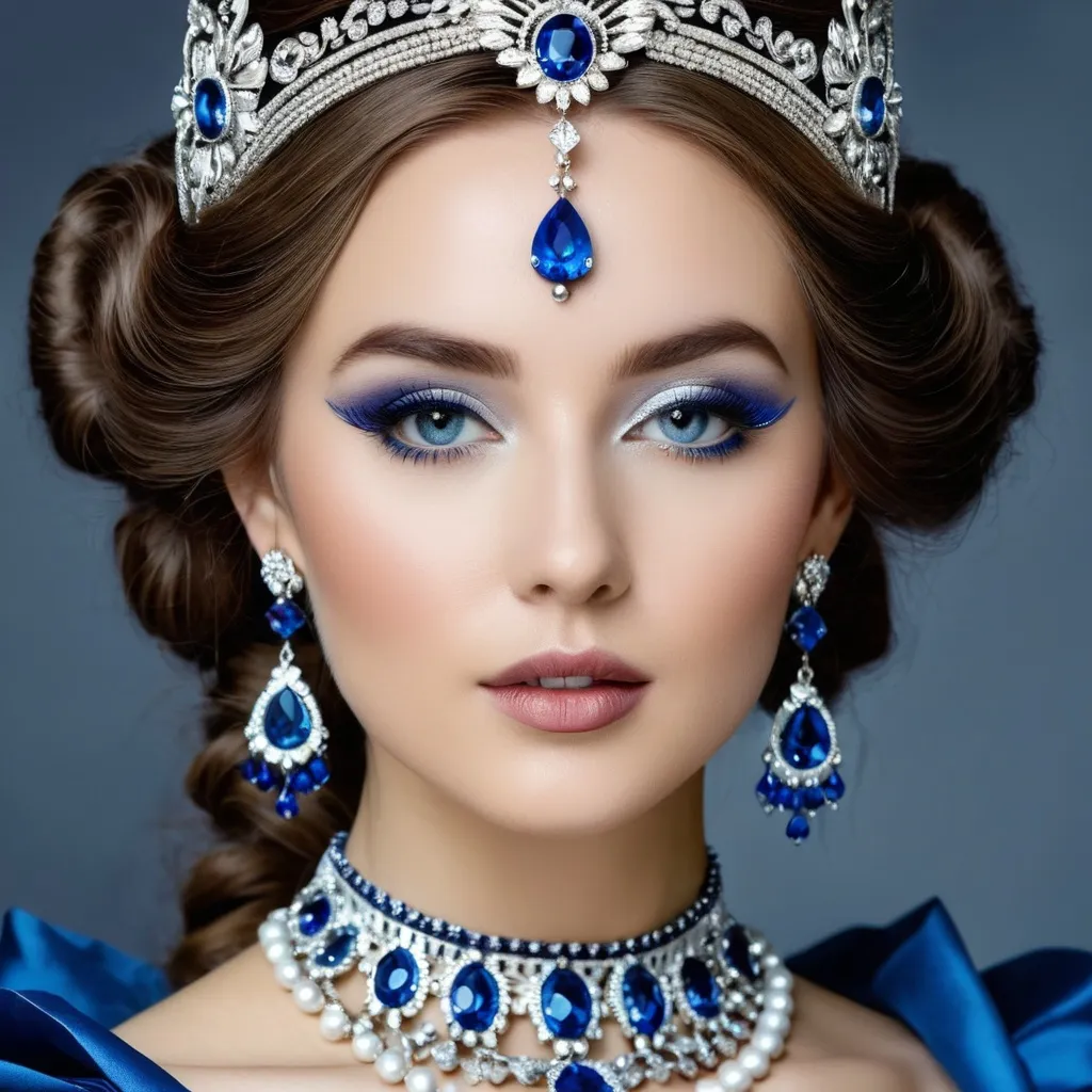 Prompt: Wealthy, stylish young lady of the Victorian era, facial closeup, wearing blue and silver jewelry