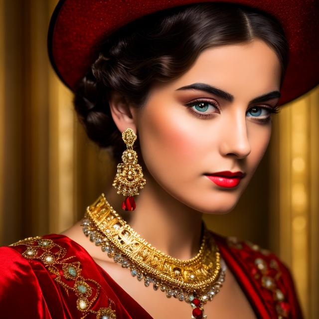 Prompt: Wealthy, stylish young lady of the Victorian era, facial closeup, wearing red and gold jewelry
