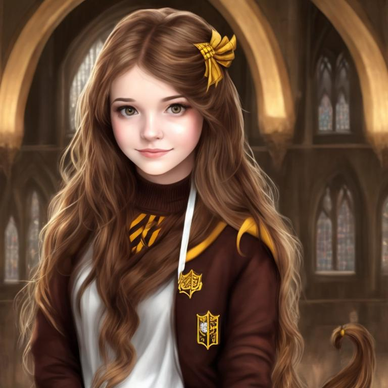 Prompt: Brown haired girl as Hufflepuff Hogwarts Student in Hogwarts