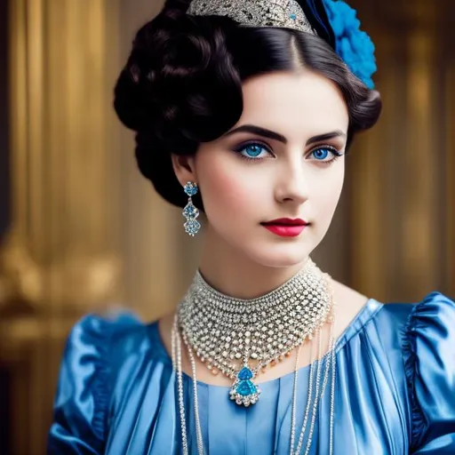 Prompt: Wealthy, stylish young lady of the Victorian era, facial closeup, wearing blue and silver jewelry