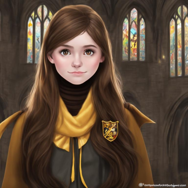 Prompt: Brown haired girl as Hufflepuff Hogwarts Student in Hogwarts zoom in faceshot