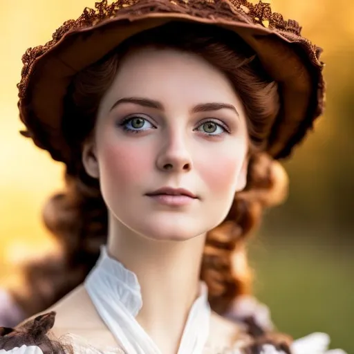 Prompt: Wealthy, stylish young lady of the Victorian era, brown hair, facial closeup