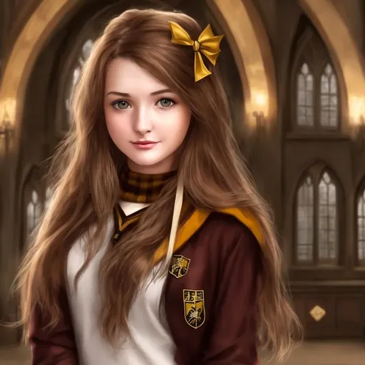Prompt: Brown haired girl as Hufflepuff Hogwarts Student in Hogwarts just faceshot