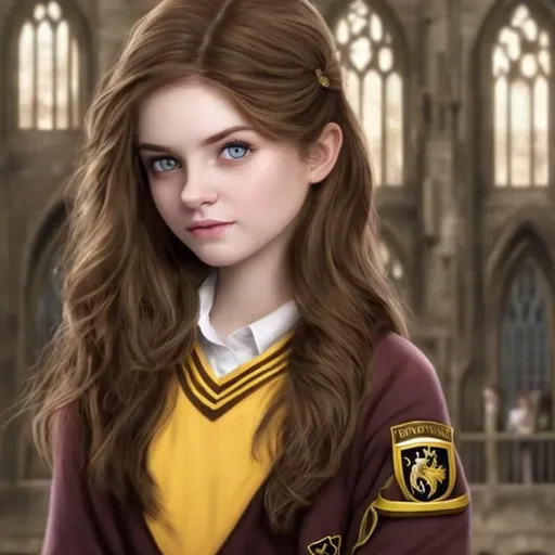 Prompt: Brown haired girl as Hufflepuff Hogwarts Student in Hogwarts with blue eyes
