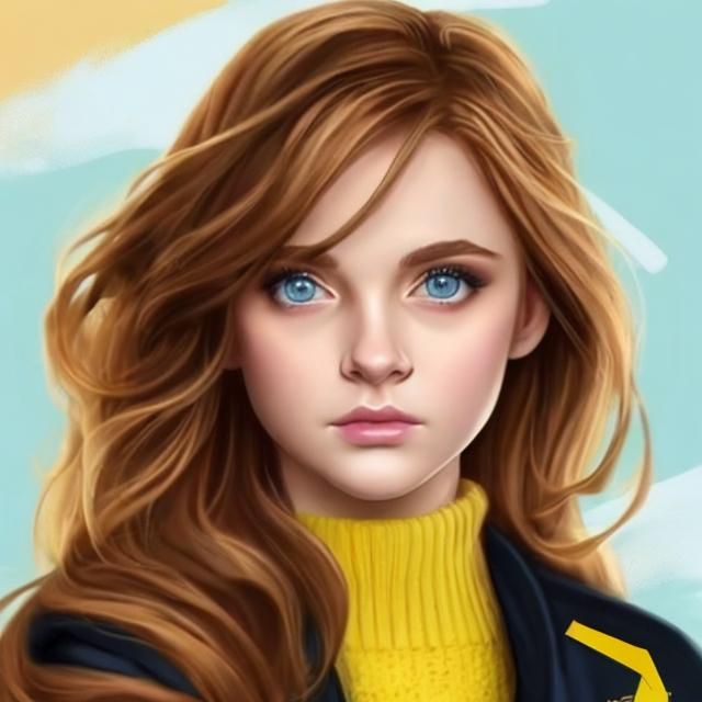 Prompt: hufflepuff girl with brown hair art blue eyes beautiful realistic eleven