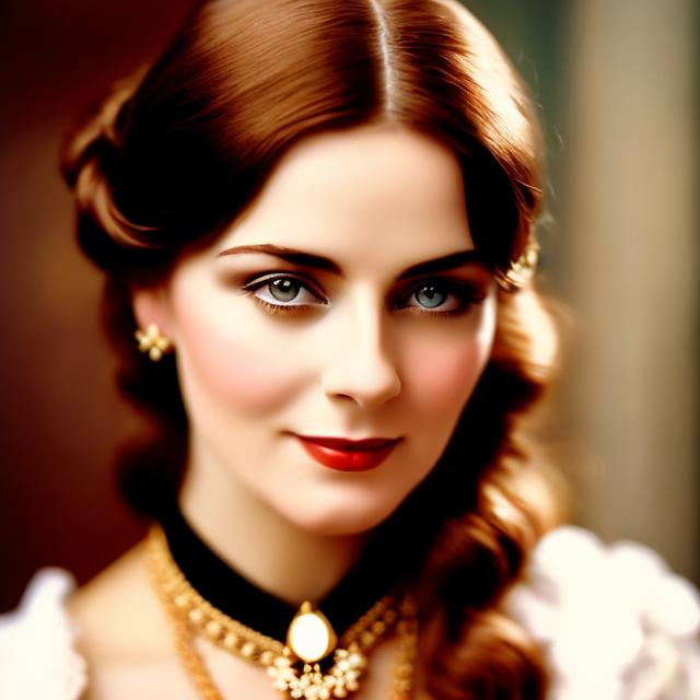 Prompt: Wealthy, stylish lady of the Victorian era, brown hair, wearing  jewelry, wearing ,facial closeup