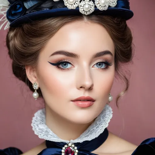 Prompt: Wealthy, stylish young lady of the Victorian era, facial closeup