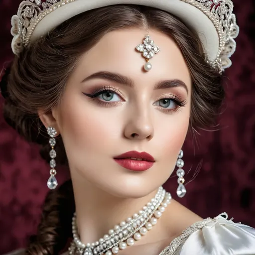 Prompt: Wealthy, stylish young lady of the Victorian era, facial closeup
