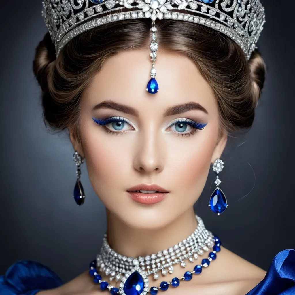 Prompt: Wealthy, stylish young lady of the Victorian era, facial closeup, wearing blue and silver jewelry