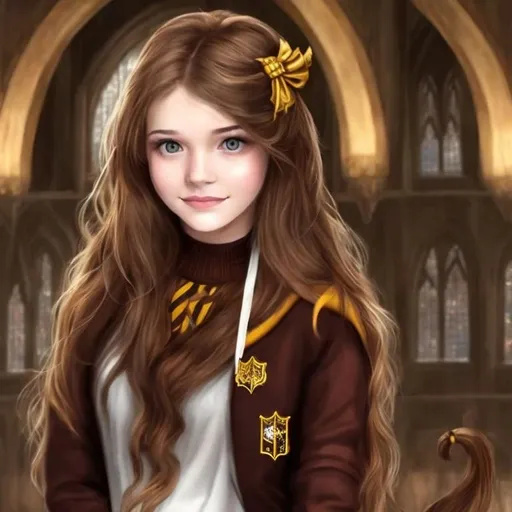 Prompt: Brown haired girl as Hufflepuff Hogwarts Student in Hogwarts with blue eyes just faceshot